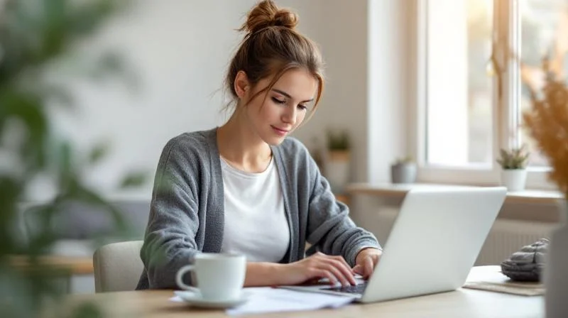 Frau sitzt am Schreibtisch in einer Magdeburger Wohnung und füllt Formulare am Laptop aus