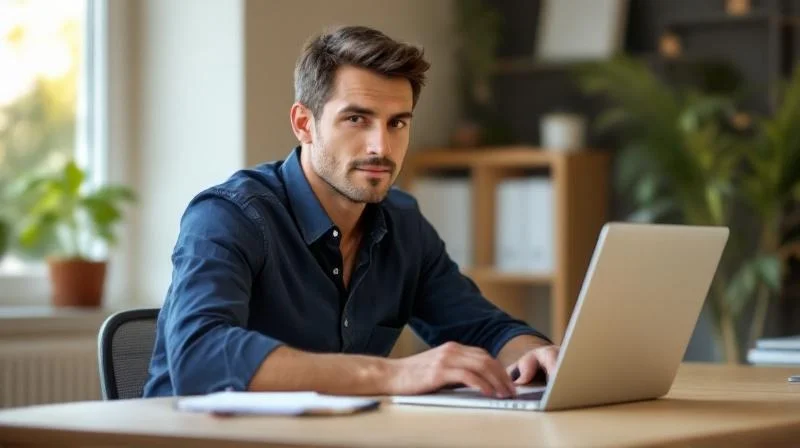 Mann sitzt am Schreibtisch mit Laptop und plant seine Karriere in Magdeburg