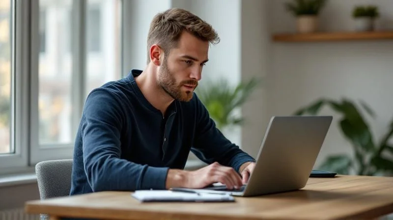 Mann arbeitet konzentriert am Laptop in einem hellen Raum in Magdeburg