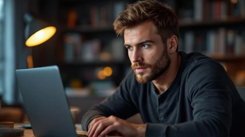 Mann lernt abends am Laptop für den Wirtschaftsfachwirt in Magdeburg